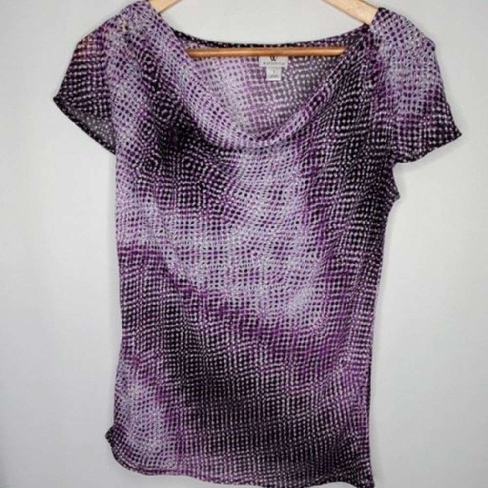 Worthington Dot Print Cowl Neck Cap Sleeve Blouse‎ Purple S